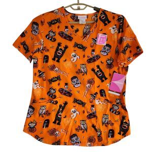 Scrubstar V Neck Scrub Top Womens Size Medium Orange Halloween Theme New